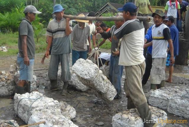 Penimbangan getah karet di Jambi