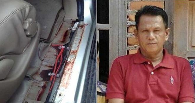 Bercak darah do dalam mobil milik Kades Muara Kilis Ali Kasim (kiri). Kades Muara Kilis Ali Kasim (kanan)