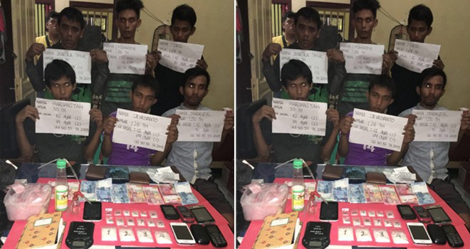 Enam orang tersangka diamankan di Mapolresta Jambi.