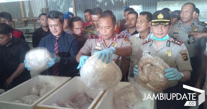 Kapolda Jambi, Brigjen Pol Yazid Fanani, mendatangi lokasi penggrebekan gudang trenggiling. 