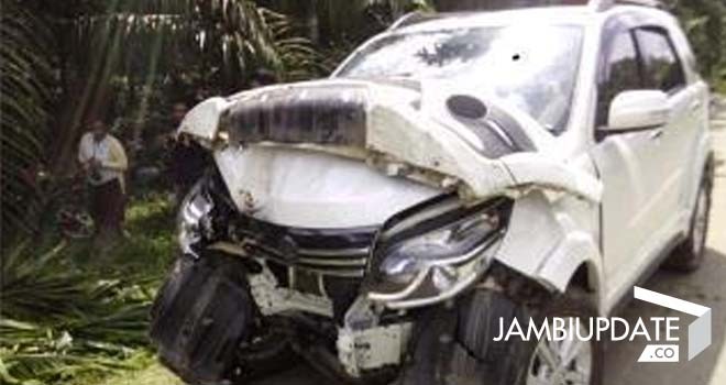 Terlihat keadaan mobil terios hancur akibat menghantam pohon kelapa sawit.