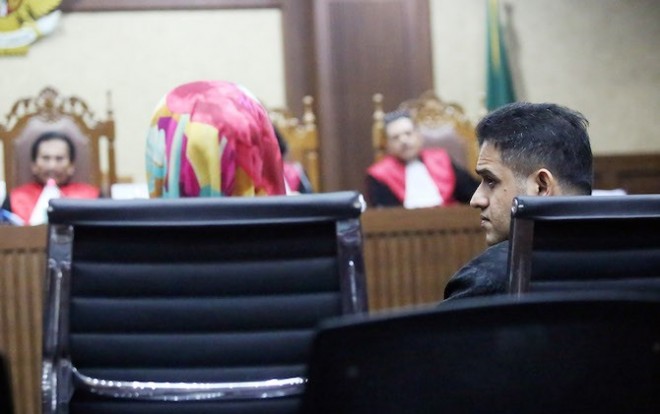 Mantan Bendara Umum Partai Demokrat M Nazaruddin yang dihadirkan sebagai saksi sidang e-KTP di Pengadilan Tipikor Jakarta, Senin (3/4) (RICARDO/JPNN)