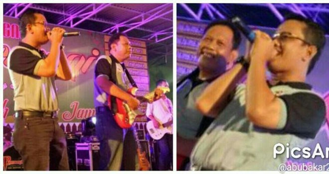 Duo Camat Kota Jambi saat menyanyi di Pentas Harmoni di panggung Taman Remaja, Sabtu malam(14/4).