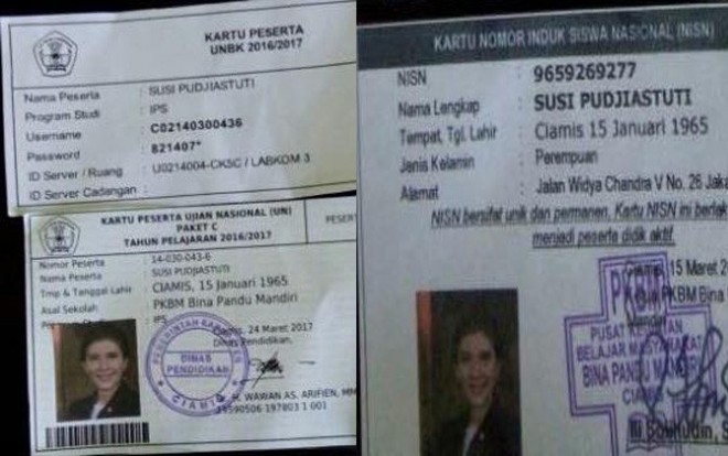 Kartu ujian Paket C Menteri Susi (Istimewa)