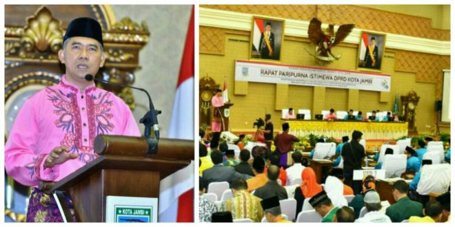 Walikota Jambi, Sy Fasha saat memaparkan kemajuan Kota Jambi pada rapat paripurna istimewa dalam memperingati HUT Pemerintah Kota Jambi ke-71. 