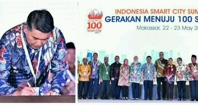 Walikota Jambi, Sy Fasha saat menandatangani Nota Kesepahaman (MoU) 25 kepala daerah terpilih bersama Kementerian Komunikasi dan Informatika Republik Indonesia atas nama pemerintah pusat di Makasar, pagi ini (22/5).