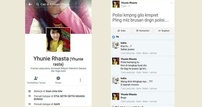 Postingan di media sosial facebook, pemilik akun Yhunie Rhasta. Foto : Facebook