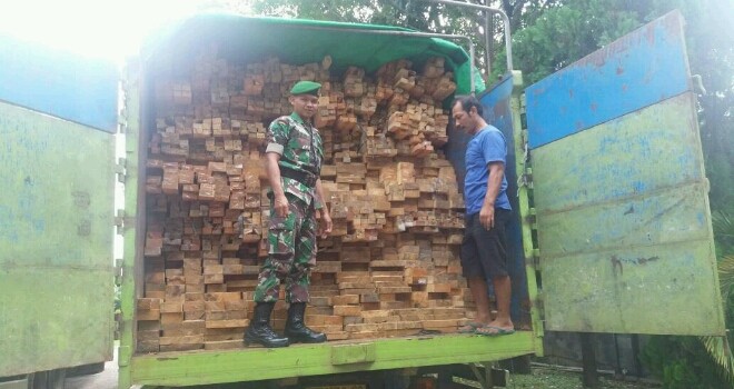 Intel Korem 042/Garuda Putih, berhasil mengamankan dua unit tronton bermuatan kayu ilegal dari Hutan Lindung Bukit 30, Kabupaten Bungo.