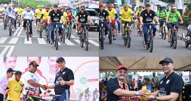 Waikota Jambi Sy fasha menggunakan sepeda dalam rangka event nasional olahraga sepeda yang bertajuk Gowes Pesona Nusantara Etape Tanah Pilih Pusako Batuah Kota Jambi.