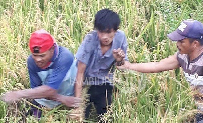 Terlihat pelaku saat diamankan warga disawah dan sempat diamuk masa.