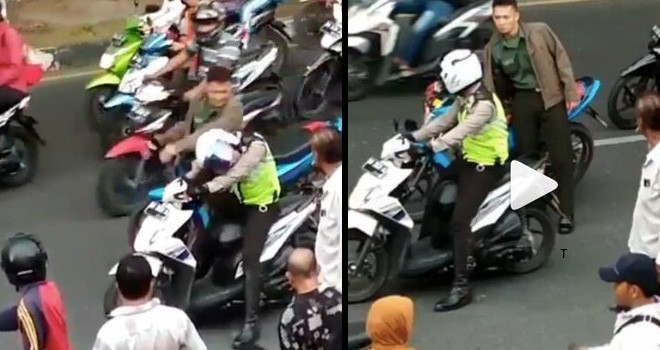 Oknum TNI pukul polisi di tengah jalan.