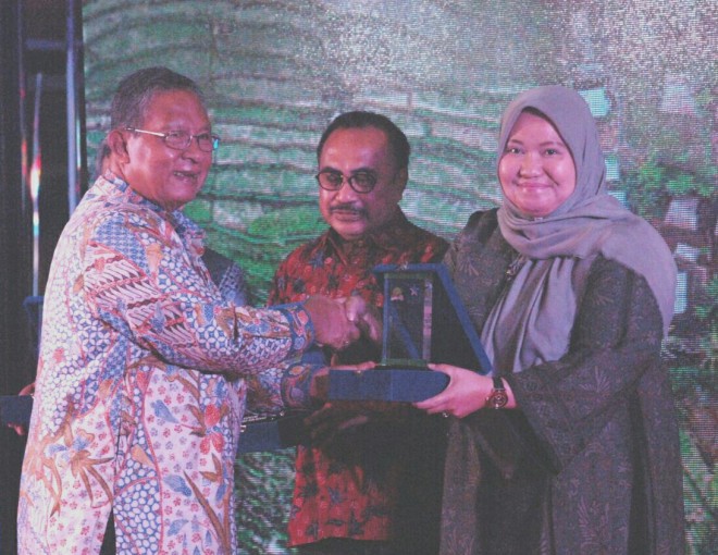 Bupati Masnah saat menerima penghargaan dari Menko Ekonomi RI. 