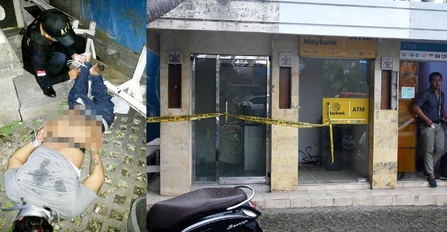 DIIKAT: Security Surfers Paradise diikat dan diploroti celananya, Jumat dinihari (17/11). Kaca ATM Maybank pecah. (FOTO-FOTO: ISTIMEWA - AGUNG BAYU/BALI EXIRESS)