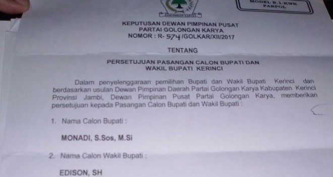 SK dukungan Golkar.