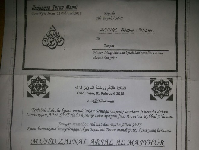 Undangan turun mandi seorang bayi yang baru lahir di Kerinci dan diberi nama Muhammad Zainal Arsal Almasyhur.