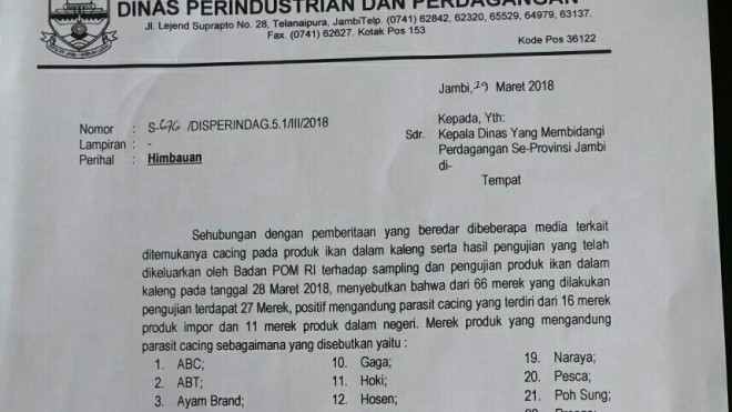 Dinas Perindustrian dan Perdagangan (Disperindag) Provinsi Jambi mengeluarkan Surat Edaran (SE)