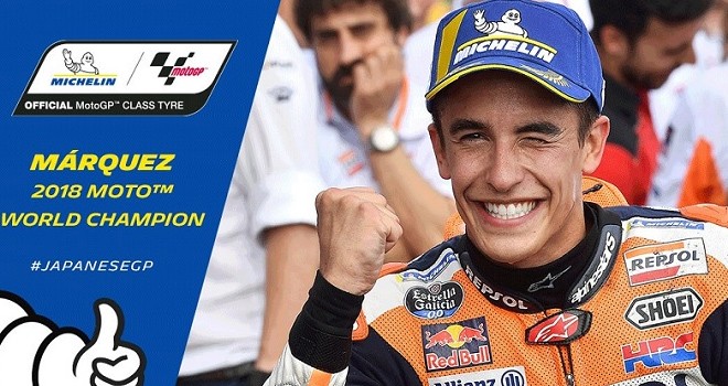Pebalap Repsol Honda, Marc Marquez memastikan gelar juara dunia MotoGP 2018 usai memenangi balapan di Motegi. Jepang, Minggu (21/10/2018). (@michelin motorsport)