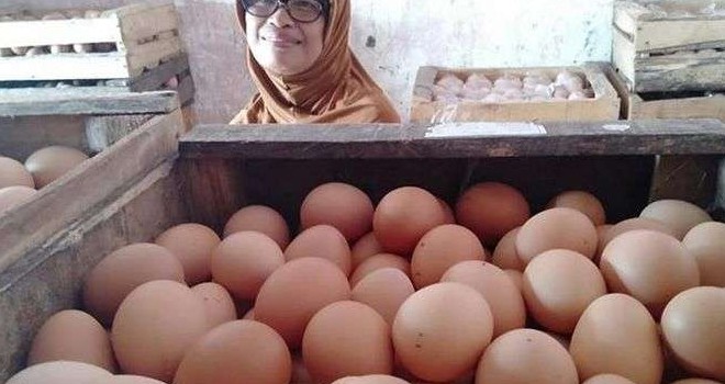 Hetik, Salah Satu Pedagang Menunjukkan Telur Dagangannya Di Pasar Kedungmaling, Kecamatan Sooko, Kabupaten Mojokerto. (Muh. Ramli/Radar Mojokerto)