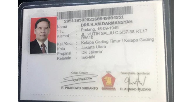 Kartu Tanda Anggota Murady Darmansyah di Gerindra. Foto : Ist