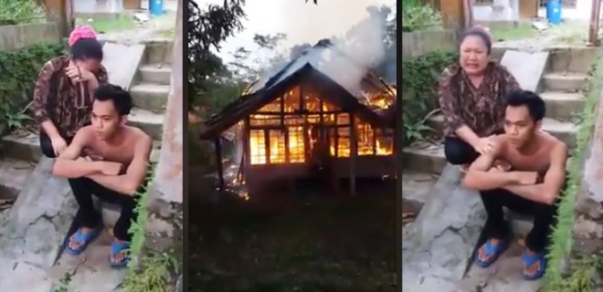 Anak bakar rumah orang tua di Cianjur. Foto : Youtube