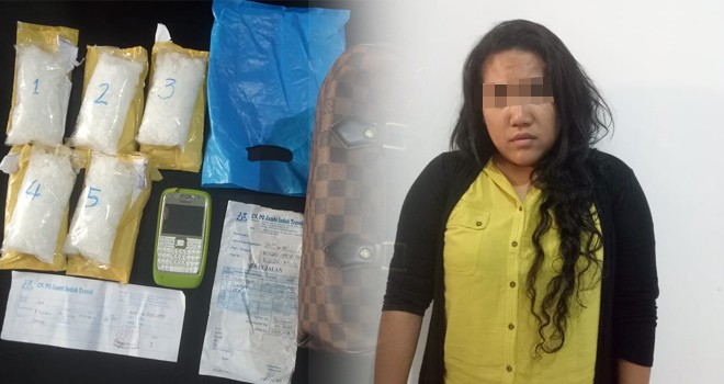 Wanita Asal Riau  dan barang bukti narkoba yang Diamankan BNNP Provinisi Jambi. Foto : Ist