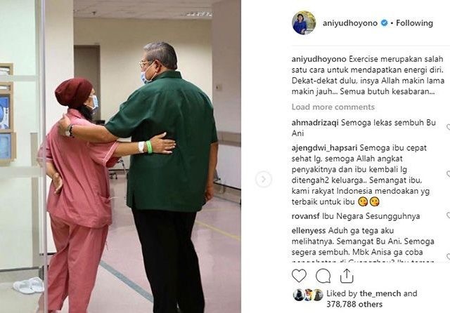 Mulai membaik: Kondisi Ibu Ani Yudhoyono semakin membaik dan akan menjalani transpalasi sumsum tulang belakang. (Instagram/Aniyudhoyono)