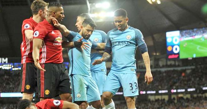 
Manchester City v Manchester United, Premier League, Etihad Stadium, Manchester City's Gabriel Jesus (right) and Manchester United's Marcus Rashford in action during the Barclay's Premiership match at the Etihad Stadium, Manchester on 27th March, 2017.