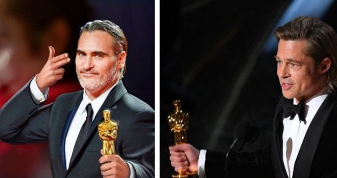 Joaquin Phoenix dan Brad Pitt meraih penghargaan di PialaOscar 2020. 
