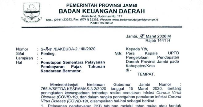Pelayanan Samsat Se-Provinsi Jambi Tutup 14 Hari Kerja Mulai Besok.