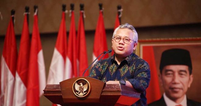 KPU Arief Budiman saat hadir dalam Rapat Koordinasi Bidang Politik dan Pemerintahan Umum dan Deteksi Dini Mendukung Sukses Pilkada Serentak Tahun 2020 di Bali Nusa Dua Convention Center, Kamis (27/2).
