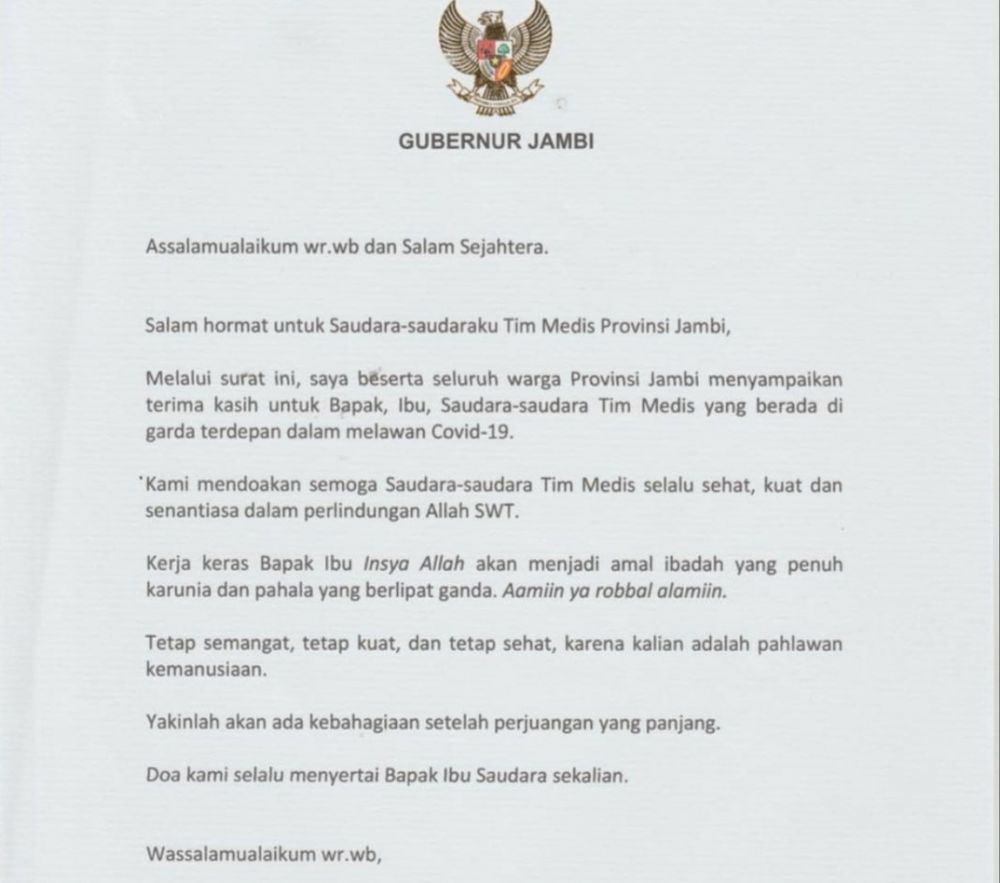 Sepucuk Surat Terimakasih Sang Gubernur Jambi Kepada Para Tenaga Medis.



