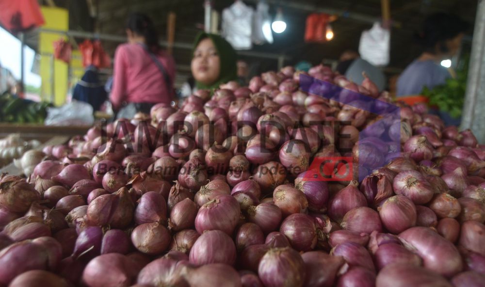 Pedagang bawang merah menunggu pembeli. Harga bawang merah merangkak naik sejak pekan lalu.