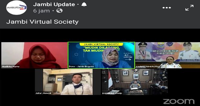 Muslikha, sudut kiri atas saat diskusi dalam program Jambi Virtual Society berjudul Mudik Dilarang Tak Mudik Rindu, bersama Kepala Ombudsman RI Jambi, Kapolda dan Kadis Perhubungan Provinsi Jambi.

