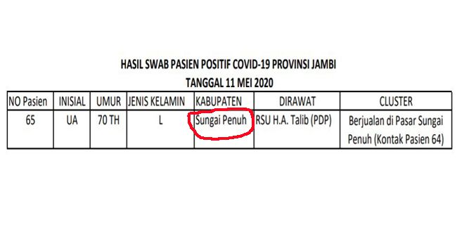 Screenshot Hasil Swab yang keluar hari ini, untuk provinsi Jambi.