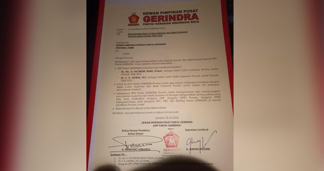 Beredar Surat Rekomendasi Dukungan Gerindra untuk Fachrori-Safrial.