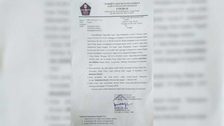 Surat edaran yang ditanda tangani Sekda Kerinci, Asraf, yang ditujukan kepada Camat dan Kades diwilayah Kabupaten Kerinci. 