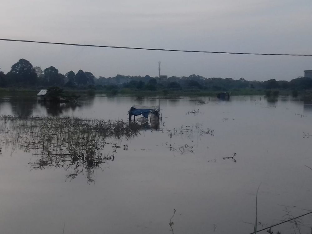 Terlihat sawah petani di jalan baru terendam banjir. 