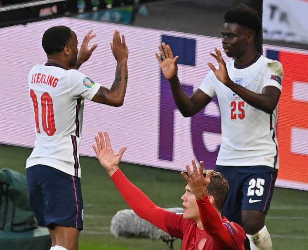 Raheem Sterling dan Bukayo Saka merayakan gol Inggris. 
