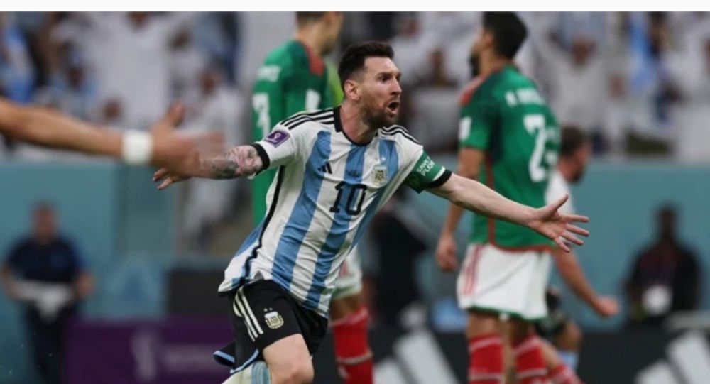 Selebrasi Lionel Messi usai menjebol gawang Meksiko.