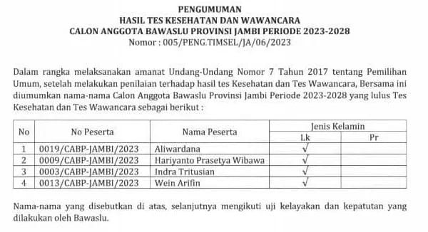 Timsel Umumkan 4 Besar Calon Bawaslu Provinsi Periode 2023-2028