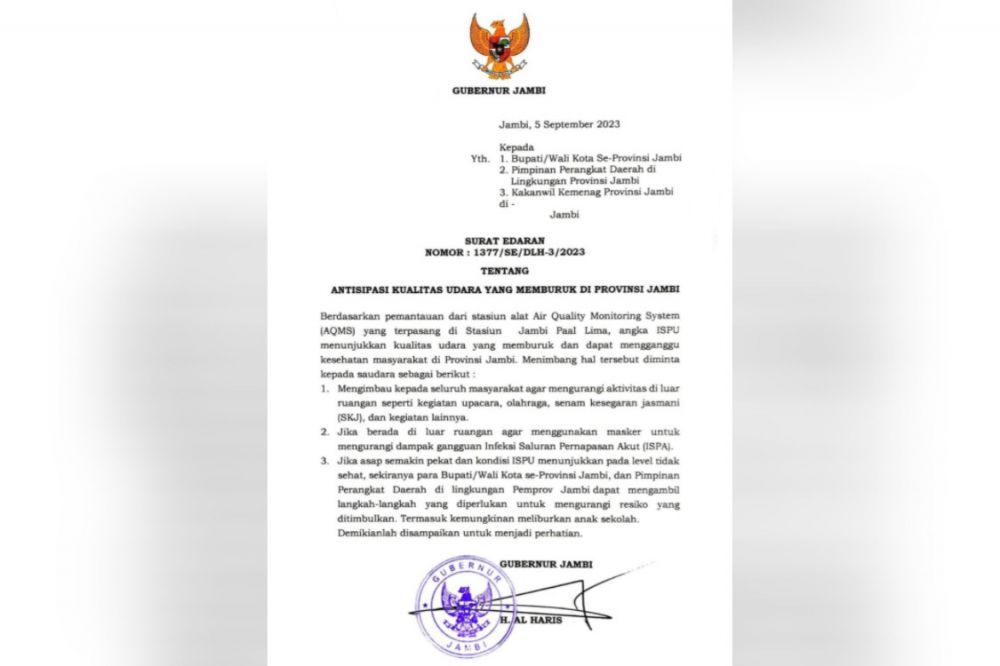 Gubernur Jambi Terbitkan SE Antisipasi Kualitas Udara, Sekolah Bisa Diliburkan Jika