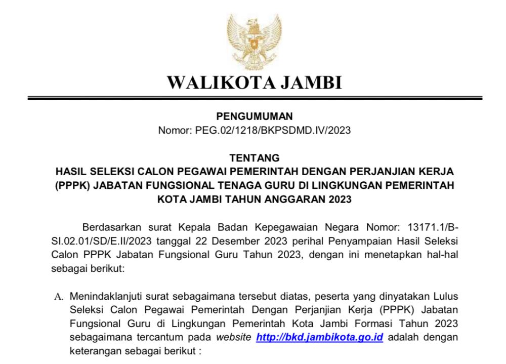 Ini Nama Nama-nama Guru yang Lolos PPPK Kota Jambi, Diberi Waktu Melengkapi Berkas Hingga 14 Januari