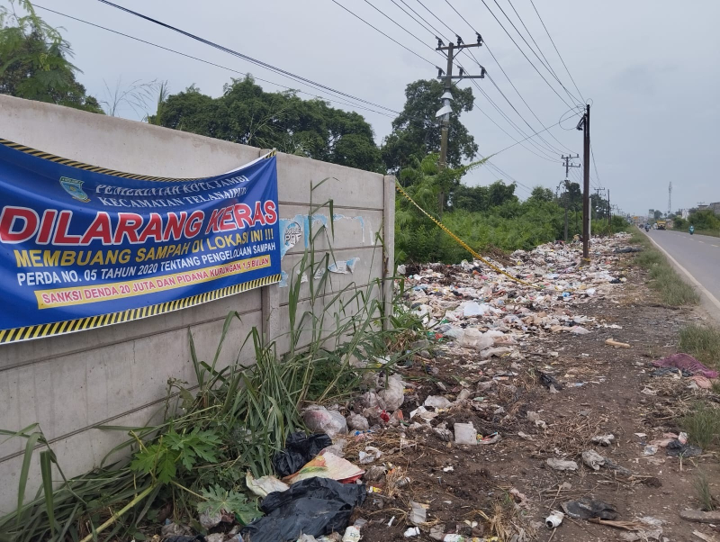 Tumpukan sampah menghiasi pandangan di pinggir jalan lintas Timur dekat Jembatan Batanghari 1, Kota Jambi.