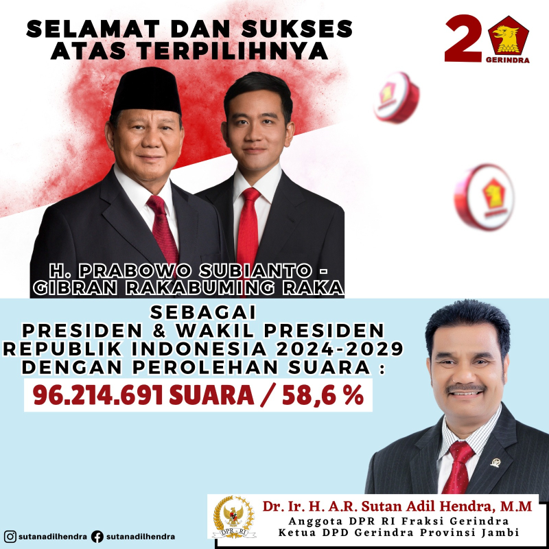 Ketua DPD Partai Gerindra Provinsi Jambi, Dr. Ir. H. A.R. Sutan Adil Hendra, MM ketika menyambut kunjungan Prabowo Subianto di Provinsi Jambi beberapa waktu lalu. 