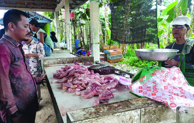 Salah satu pedagang ayam potong di pasar Talang Babat, Kecamatan Muara Sabak Barat, Kabupaten Tanjabtim sedang ditanya soal harga.