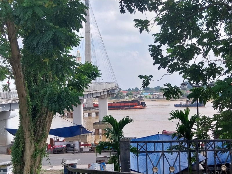 Sisa tongkang yang tertahan di Tembesi melakukan pengangkutan batu bara di Sungai Batanghari. Terlihat melintas di bawah Jembatan Pedestrian Gentala Arasy pada (28/5/2024).