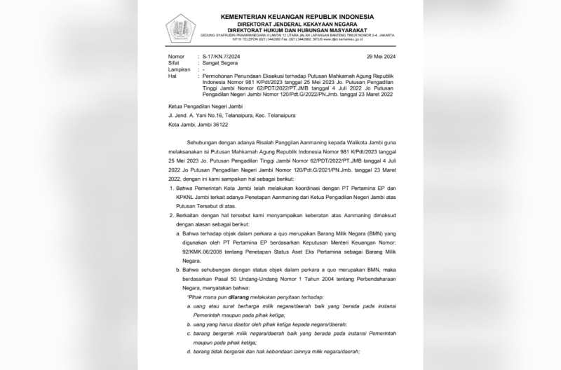 DJKN Surati Pengadilan Negeri Jambi, Minta Tunda Eksekusi SDN 212 Kota Jambi