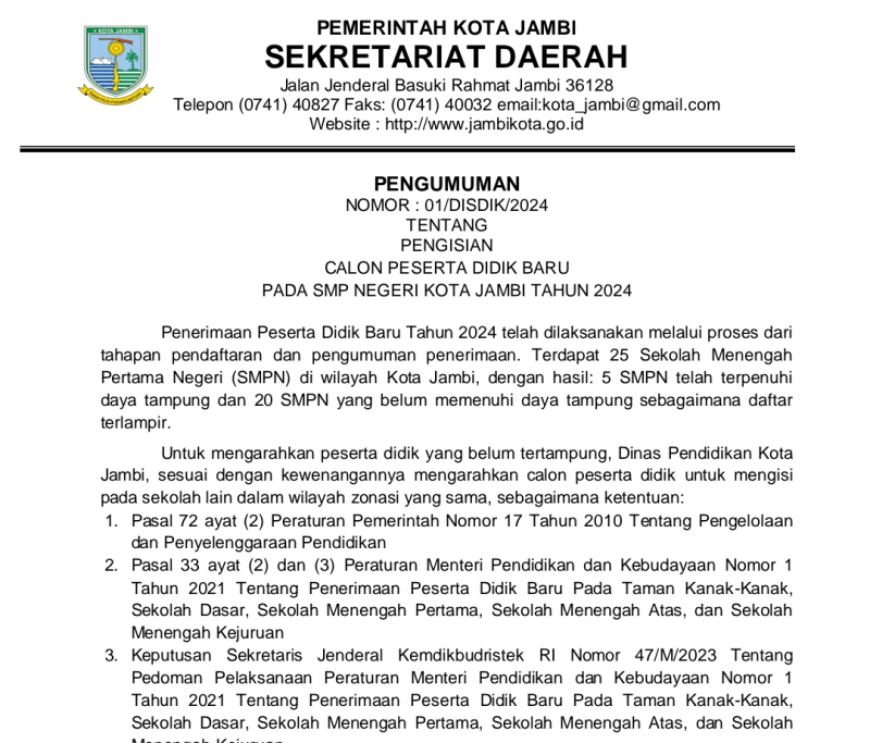 SEGERA DAFTAR! Kuota Kosong 1.628 Kursi, Ini Daftar SMPN Kota Jambi yang Masih Ada Daya Tampung 