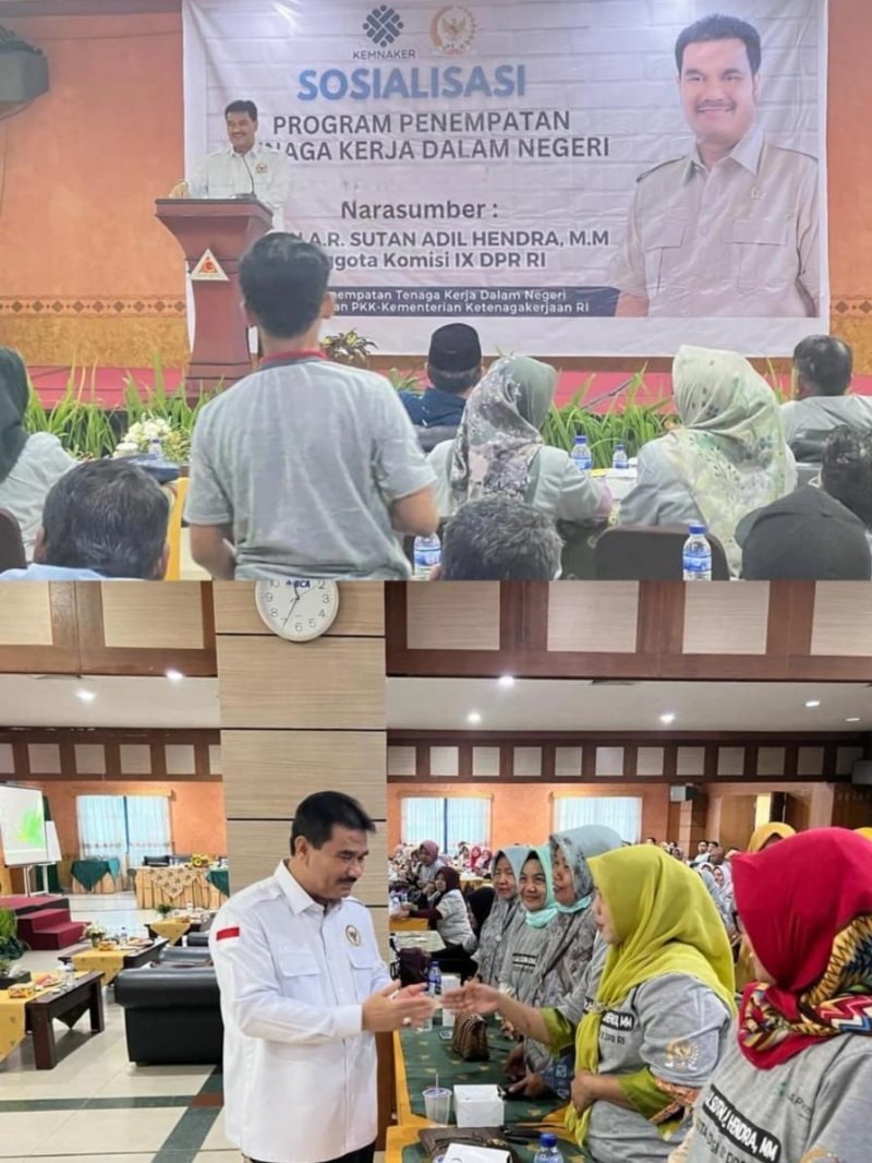 Anggota DPR Komisi Ketenagakerjaan Dr. Ir. H. A.R. Sutan Adil Hendra, MM ketika menjadi pemateri dalam acara sosialisasi program tenaga kerja dalam negeri di Grand Hotel, Kota Jambi. 