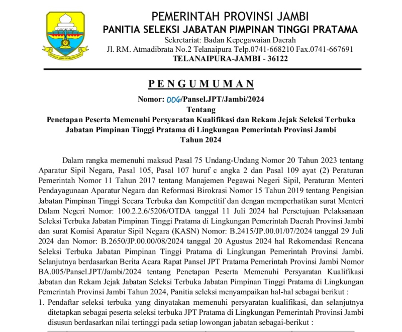 67 Pelamar Lelang Jabatan Empat Kepala Biro Pemprov Jambi Lolos Kualifikasi.